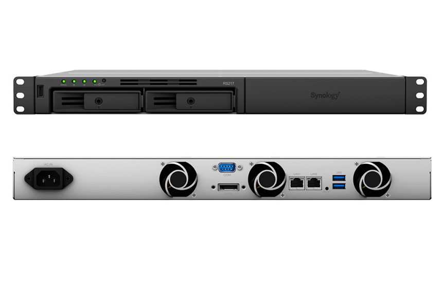 Сетевой RAID-накопитель Synology (Rack 1U) RAID0,1/up to 2hot plug SATA(3,5' or 2,5')/3xUSB/1eSATA/2GigEth/iSCSI/2xIPcam(up to 16) RS217 RS217
