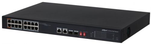Коммутатор Dahua 16-портовый неуправляемый с РоЕ Порты: 16 RJ45 10/100Мбит/с (PoE/PoE+), 2 комбинированных SFP/RJ45 10/100/1000Мбит/с DH-PFS3218-16ET-135 DH-PFS3218-16ET-135