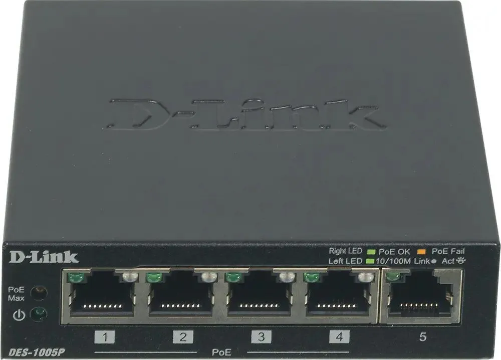 Коммутатор D-Link L2 Unmanaged Switch with 5 10/100Base-TX ports (4 PoE ports 802.3af/802.3at (30 W), PoE Budget 60) DES-1005P/B1A DES-1005P/B1A