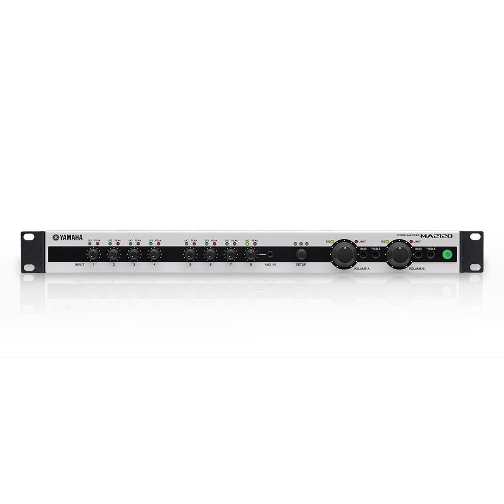 Усилитель мощности Yamaha MA2120 микширующий 2 х 100W (3/4/8 Ом), или 2 х 120W (70V/100V), или 1 х 200W (70V/100V), входы: 6 mic/line inputs + 2 stereo, 2 зоны, встроенный DSP, подключение DCP control panels WY65560 WY65560