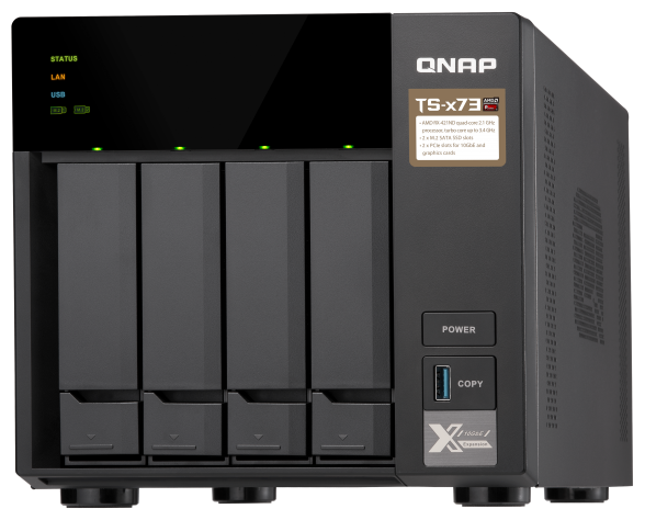 Сетевое хранилище QNAP TS-473-4G NAS 4-tray w/o HDD, 2xM.2 SSD Slot. Quad-сore AMD quad-core 2.1 GHz up to 3.4 GHz , 4GB DDR4 (2 x 4GB) up to 64GB (4 x 16GB), 4x Gigabit LAN TS-473-4G TS-473-4G