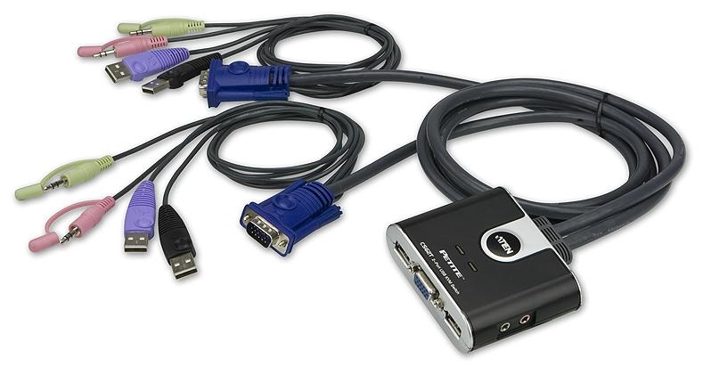 KVM переключатель ATEN VGA/SVGA+KBD+MOUSE, 1> 2 компьютера/блока/порта USB, со встр. KVM-шнурами USB 2x1.2м CS62T-A7 CS62T-A7