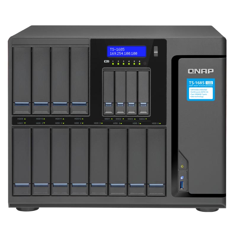Сетевой RAID-накопитель QNAP 12x3,5", 4x2,5", 6 портов M.2, 2 порта 10 GbE BASE-T. Intel Xeon D-1531 2,2 ГГц, 64 ГБ ECC DDR4 TS-1685-D1531-64GR TS-1685-D1531-64GR