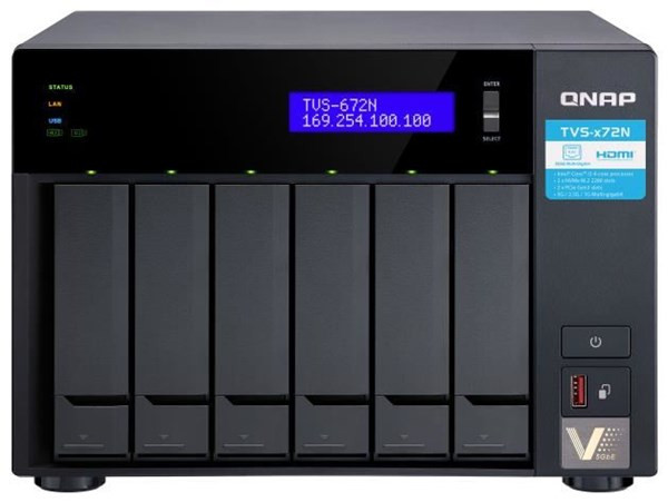 Сетевой RAID-накопитель QNAP 6-Bay 2.5"/3.5" SATA HDD/SSD + 2x M.2 PCIe  SSD slot, Intel Core  i3-8100T 4-core 3.1 GHz Processor, 4GB DDR4 RAM (2 x 2 GB) max 32 GB (2 x 16 GB), 2xGbE LAN, 1x5GbE TVS-672N-i3-4G TVS-672N-i3-4G