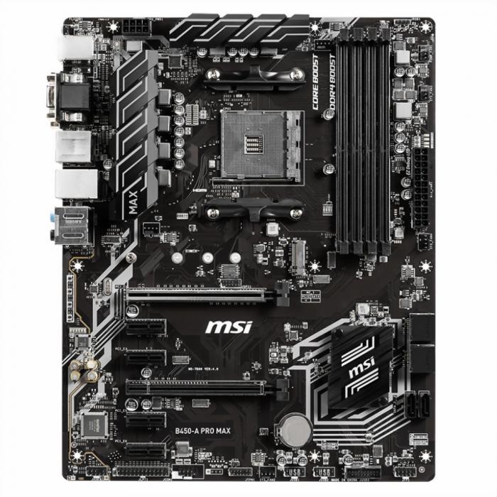 Материнская плата MSI , Socket AM4, AMD®B450, 4xDDR4-2667, 2xPCI-Ex16x, 4xPCI-Ex1x, D-SUB+DVI-D+HDMI, 6xSATA3(RAID 0/1/10), 1xM.2, 8 Ch Audio, GLan, (2+4)xUSB2.0, (4+2)xUSB3.2, 1xPS/2, ATX, RTL B450-A PRO MAX B450-A PRO MAX
