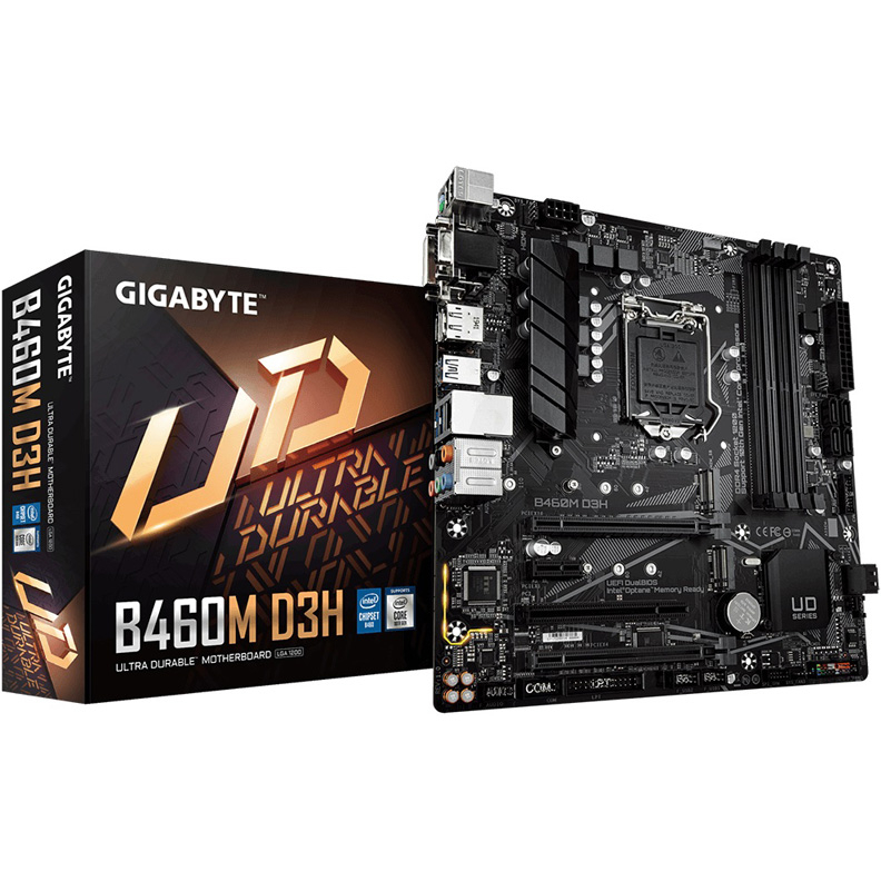 Материнская плата Gigabyte , Socket 1200, Intel®B460, 4xDDR4-2666, D-SUB+DVI-D+HDMI+DP, 2xPCI-Ex16, 1xPCI-Ex1, 1xPCI, 6xSATA3(RAID 0/1/5/10), 2xM.2, 8 Ch Audio, GLan, (2+4)xUSB2.0, (3+2)xUSB3.2, (1+0)xUSB3.2 Type-C™, 1xPS/2, mATX, RTL B460M D3H B460M D3H