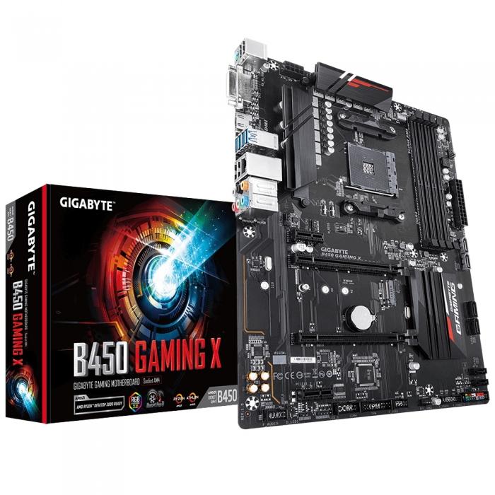 Материнская плата Gigabyte B450 GAMING X Socket AM4, AMD B450, 4xDDR4-2933, DVI-D+HDMI, 2xPCI-Ex16, 2xPCI-Ex1, 6xSATA3(RAID 0/1/10), 1xM.2, 8 Ch Audio B450 GAMING X B450 GAMING X