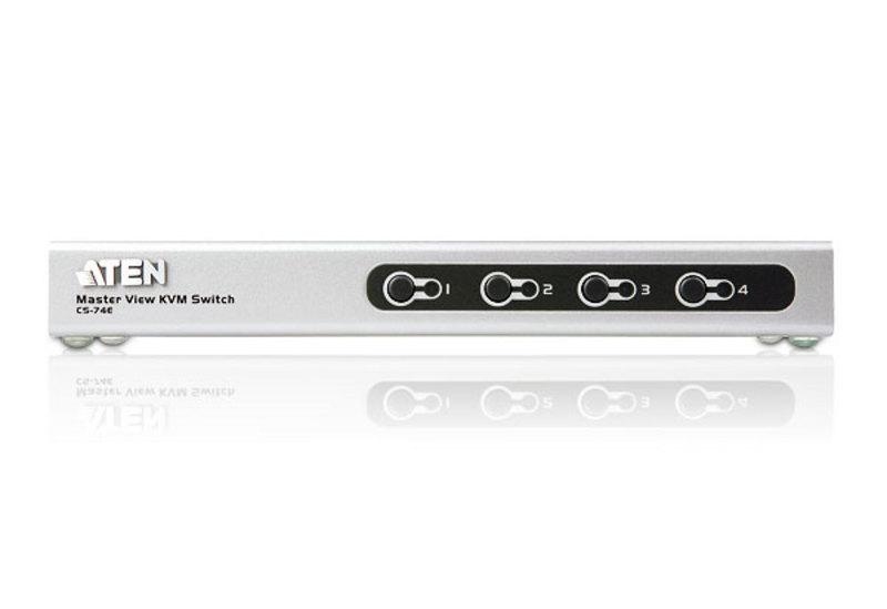 KVM переключатель ATEN VGA/SVGA+KBD+MOUSE, 1> 4 блока/порта PS/2, c KVM-шнурами PS/2 2х1.2+2х1.8 м., (DDC2B) CS74ECZ-AT CS74ECZ-AT