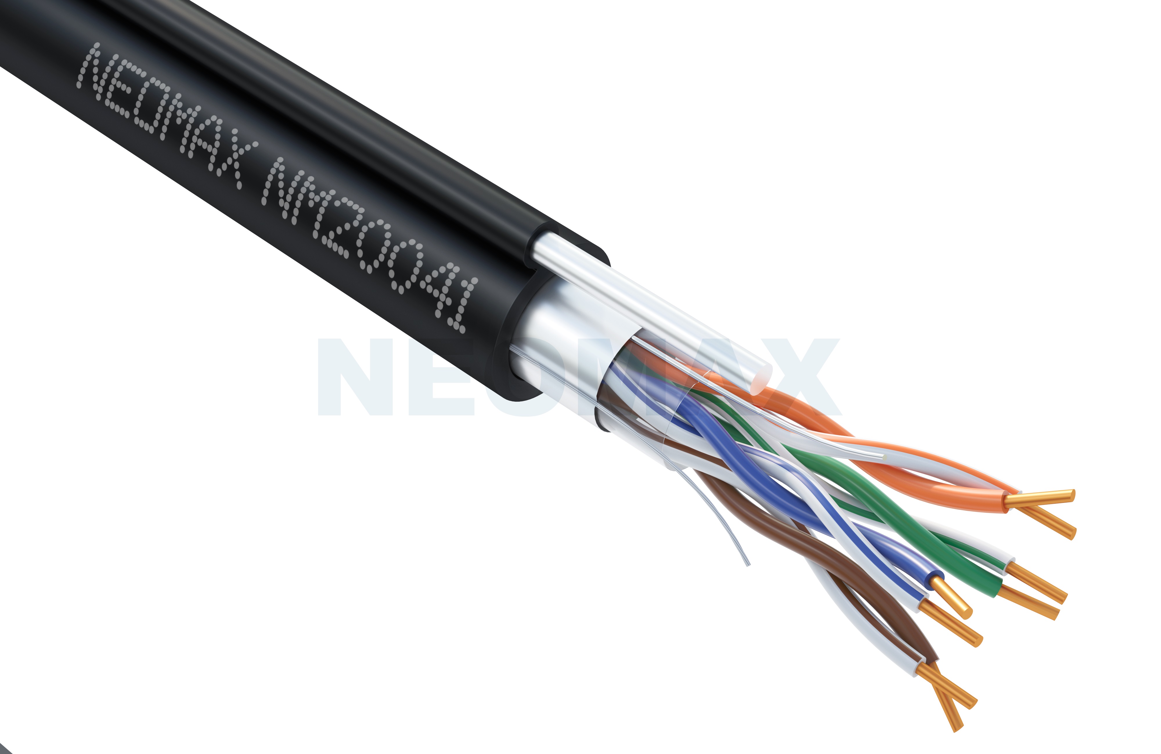 Кабель Neomax 5e F/UTP 4 пары внешний, с цельным троссом (-40℃ to +60℃) 24AWG(0.52 мм) Cu (Чистая медь) Одножильный (Solid) PE 305м Чёрный NM20041 NM20041