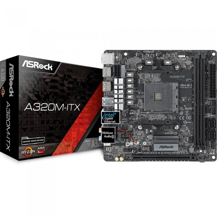 Материнская плата ASRock Socket AM4, AMD A320, 2xDDR4-3200, HDMI+HDMI, 1xPCI-Ex16, 4xSATA3(RAID 0/1/10), 1xM.2, 8 Ch Audio, 1xGLan, WiFi, (2+2)xUSB2.0, (3+2)xUSB3.1, 1xUSB3.1 Type-C™, 1xPS/2, Mini-ITX, RTL, A320M-ITX A320M-ITX