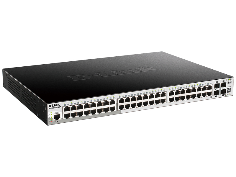 Коммутатор D-Link L2+ Smart Switch with 48 10/100/1000Base-T ports and 4 10GBase-X SFP+ ports (48 PoE ports 802.3af/802.3at (30 W), PoE Budget 370W, PoE Budget with RPS DPS-700 740W) DGS-1510-52XMP/A1A DGS-1510-52XMP/A1A