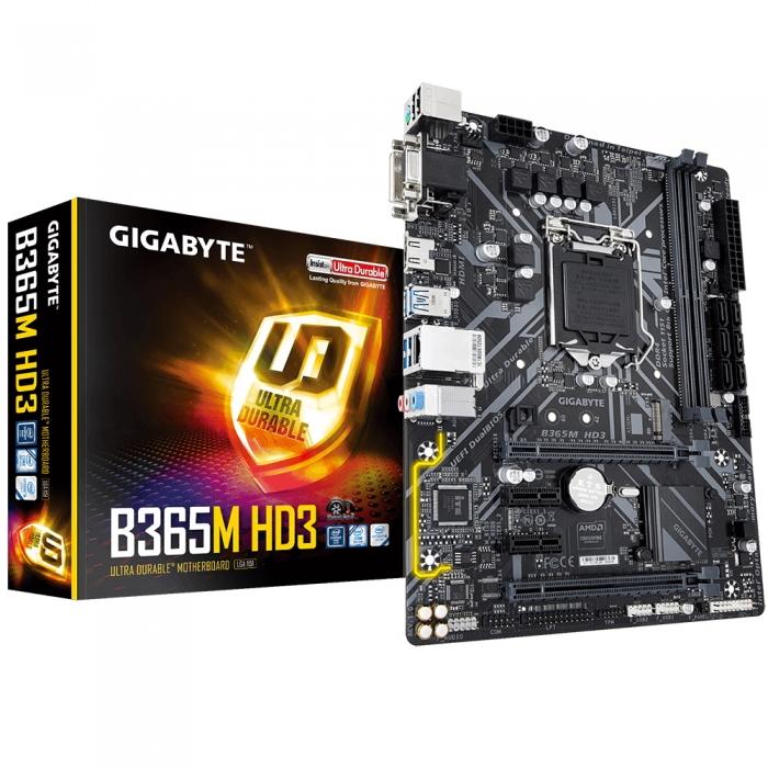 Материнская плата Gigabyte , Socket 1151, Intel®B365, 2xDDR4-2666, D-SUB+DVI-D+HDMI, 2xPCI-Ex16, 2xPCI-Ex1, 6xSATA3 (RAID 0,1,5,10), 1xM.2, 8 Ch Audio, GLan, (2+4)xUSB2.0, (4+2)xUSB3.1, 1xPS/2, mATX, RTL, B365M HD3 B365M HD3