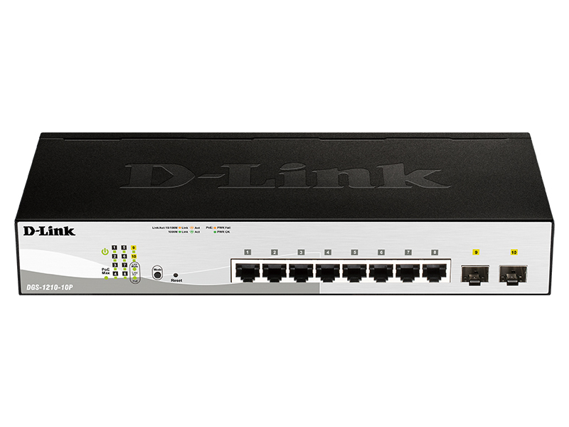 Коммутатор D-Link  L2 Smart Switch with 8 10/100/1000Base-T ports and 2 100/1000Base-X SFP PoE DGS-1210-10P/F1A DGS-1210-10P/F1A