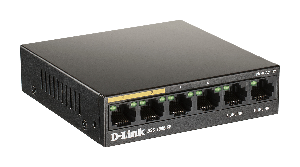 Коммутатор D-Link Unmanaged Surveillance Switch 6x100Base-TX (4x100Base-TX PoE), Surge 6KV, PoE Budget 55W, Long-range PoE up to 250m, metal case DSS-100E-6P/A1A DSS-100E-6P/A1A