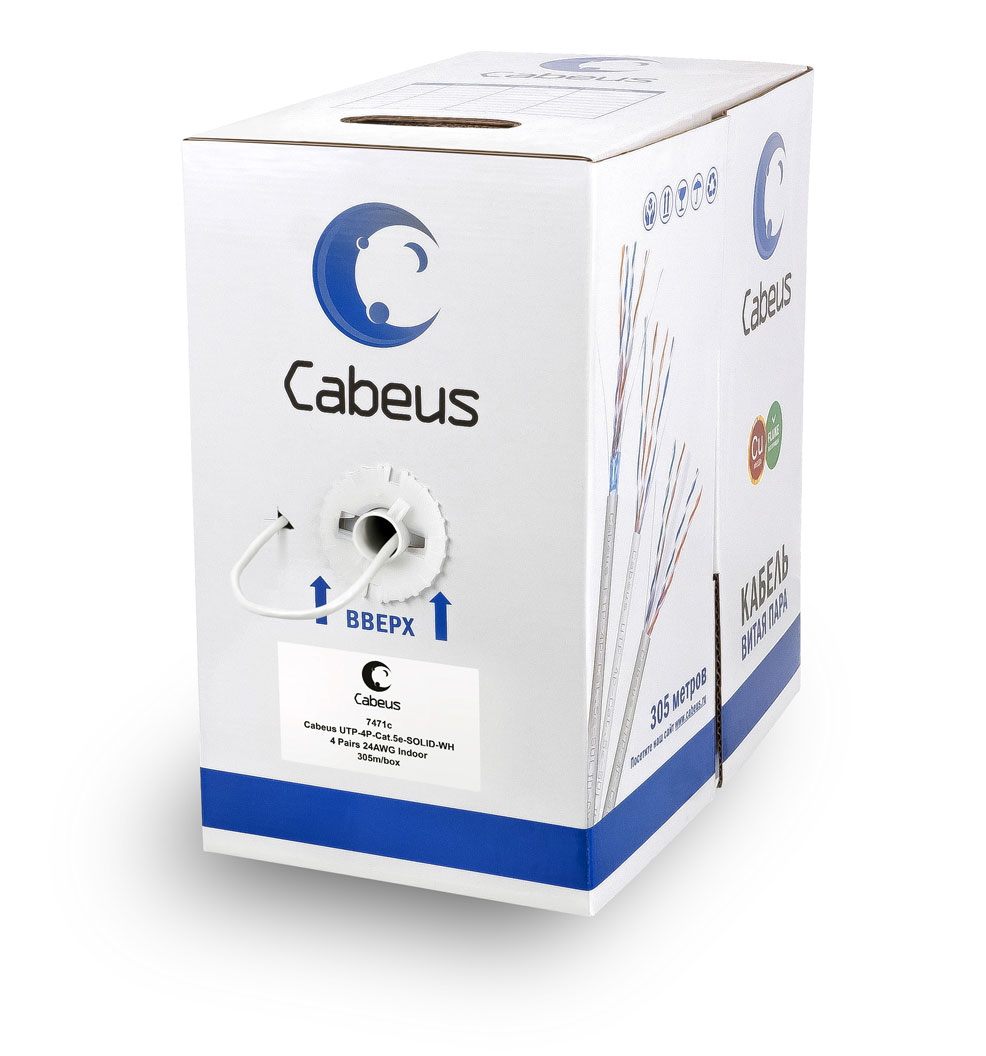 Кабель витая пара Cabeus UTP-4P-Cat.5e-SOLID-WH UTP (U/UTP), категория 5e, 4 пары 0,51мм (24 AWG), одножильный, белый (305 м) UTP-4P-Cat.5e-SOLID-WH UTP-4P-Cat.5e-SOLID-WH