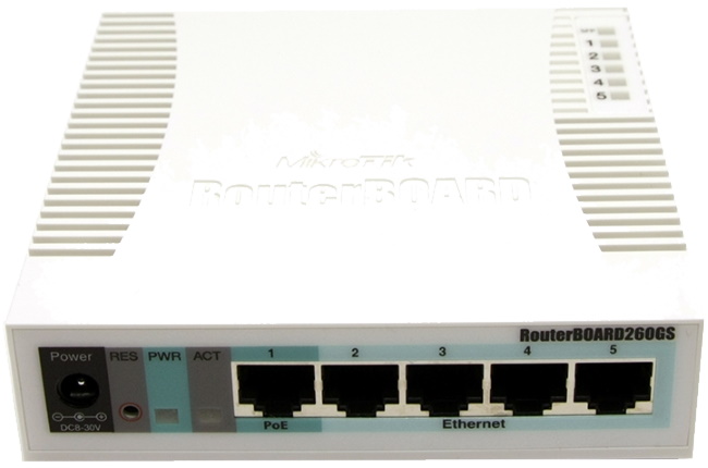 Коммутатор Mikrotik RB260GS with 5 Gigabit ports and SFP cage, SwOS, plastic case, PSU CSS106-5G-1S CSS106-5G-1S