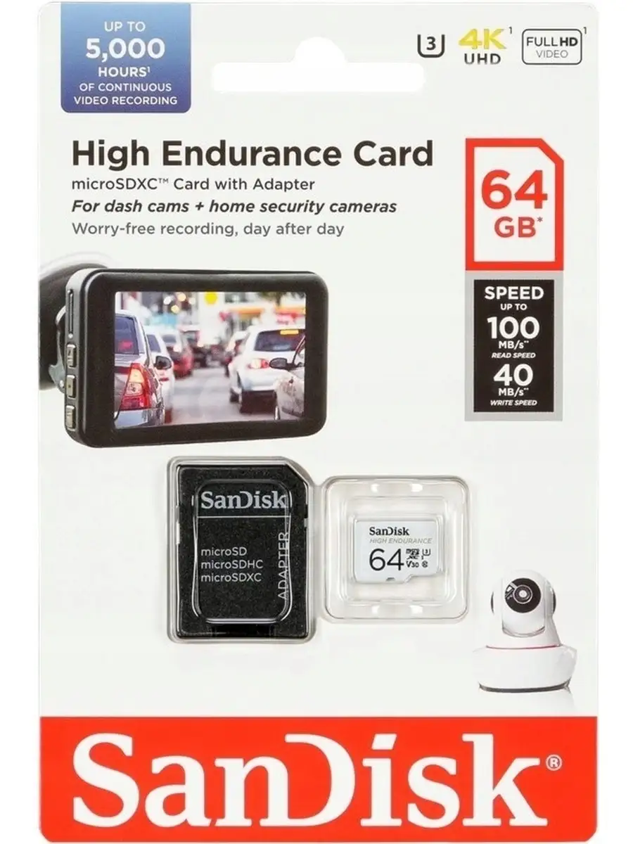 Карта памяти SanDisk microSD 64GB microSDXC Class 10 UHS-I U3 V30 High Endurance Video Monitoring Card SDSQQNR-064G-GN6IA SDSQQNR-064G-GN6IA