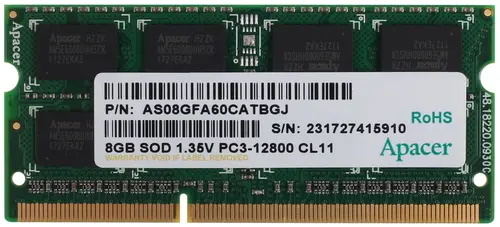 Модуль памяти Apacer 8GB DDR3L 1600 SO DIMM Non-ECC, CL11, 1.35V, AS08GFA60CATBGJ, 512x8, RTL (900012) DV.08G2K.KAM DV.08G2K.KAM
