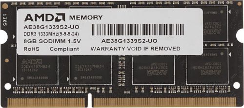 Модуль памяти AMD 8GB Radeon™ DDR3 1333 SO DIMM Non-ECC, CL9, 1.5V, Black, Bulk (180350) R338G1339S2S-UO R338G1339S2S-UO
