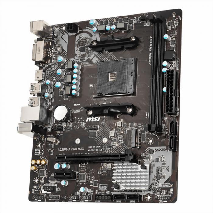 Материнская плата MSI  AM4, A320, 2xDDR4-2667, 1xPCI-Ex16x, 1xPCI-Ex, DVI-D+HDMI, 4xSATA3(RAID 0/1/10), 1xM.2, 8 Ch Audio, GLan, (2+4)xUSB2.0, (4+2)xUSB3.2, 2xPS/2, mATX, RTL A320M-A PRO MAX A320M-A PRO MAX