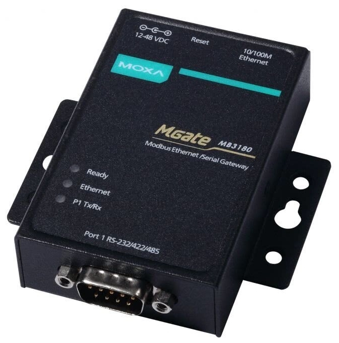 Конвертер MOXA 1-портовый преобразователь Modbus RTU/ASCII (RS-232/422/485) в Modbus TCP, с адаптером питания MGate MB3180 MGate MB3180
