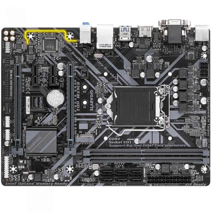 Материнская плата Gigabyte , Socket 1151, Intel®B365, 2xDDR4-2666, D-SUB+DVI-D+HDMI, 2xPCI-Ex16, 2xPCI-Ex1, 6xSATA3 (RAID 0,1,5,10), 1xM.2, 8 Ch Audio, GLan, (2+4)xUSB2.0, (4+2)xUSB3.1, 1xPS/2, mATX, RTL, B365M HD3 B365M HD3