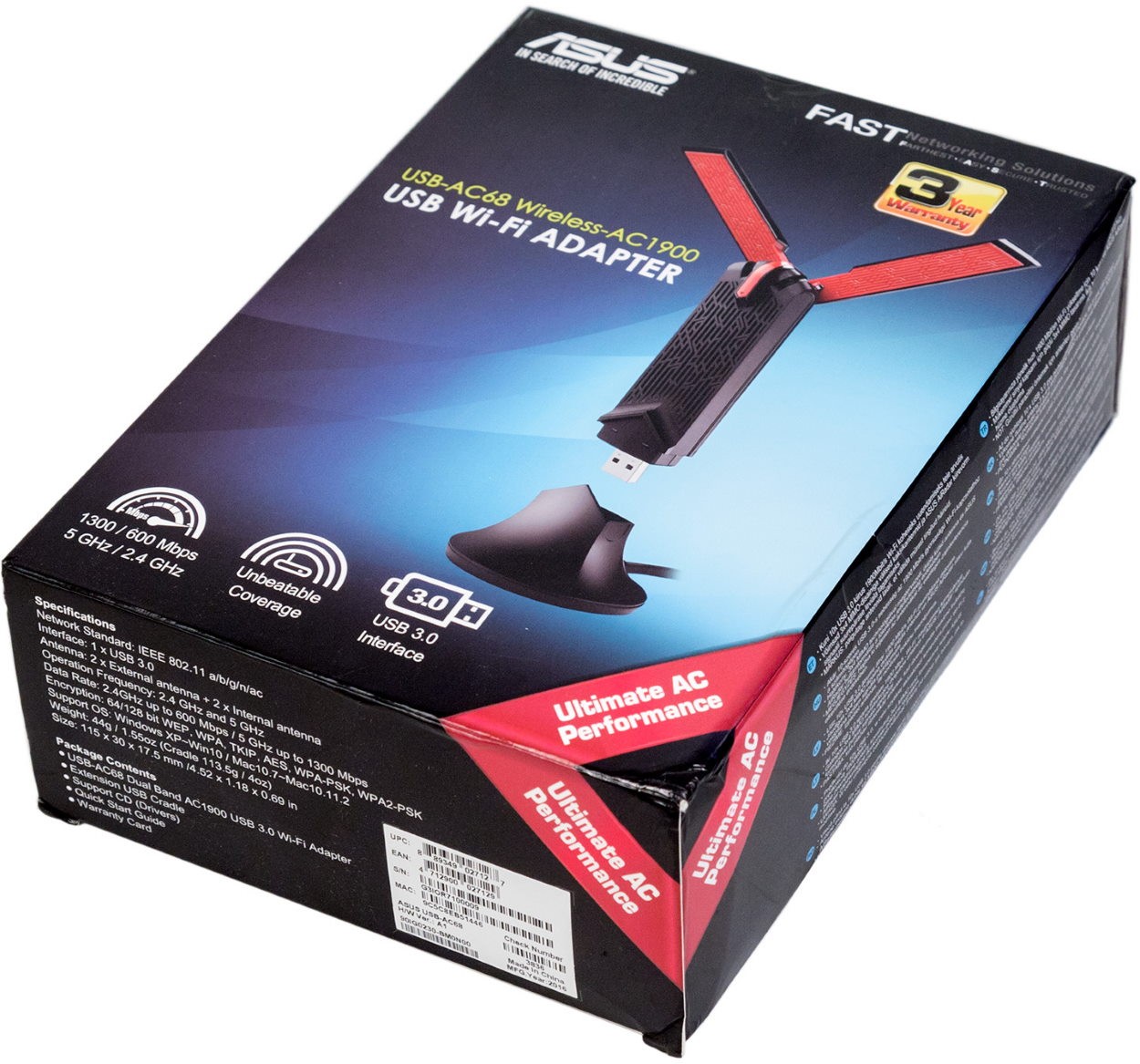 Адаптер Asus USB-AC68 // WI-FI 802.11ac, 600 + 1300 Mbps USB 3.0 Adapter + внешняя антенна ; 90IG0230-BM0N00 USB-AC68 USB-AC68