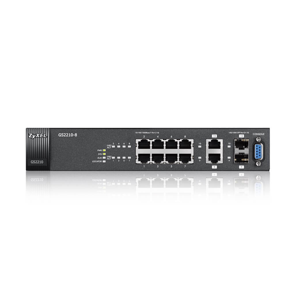 Коммутатор ZYXEL управляемый 8 Gigabit Ethernet с 2 SFP-слотами совмещенными с разъемами RJ-45 GS2210-8-EU0101F GS2210-8-EU0101F