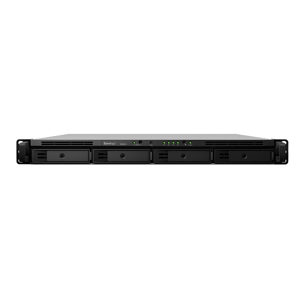 СХД Synology RS820+ Rack 1U QC2,1Ghz CPU/2Gb(upto18)/RAID0,1,10,5,5+spare,6/upto 4hot plug HDDs SATA(3,5' or 2,5')(upto 8 with RX418)/2xUSB3.0/1eSATA/4GigEth/iSCSI/2xIPcam/3YW RS820+ RS820+