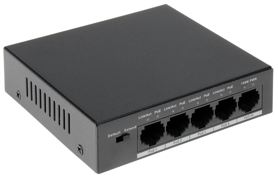 PFS3005-4P-58. 4 портовый коммутатор 2-го уровня; 4 PoE порта RJ45 10/100 Base-T; 1 порт RJ45 10/100 Base-T; Питание: DC 51В/ 1.25A; Рабочая температура: -10~+50 С; молниезащита 2KV. PFS3005-4P-58