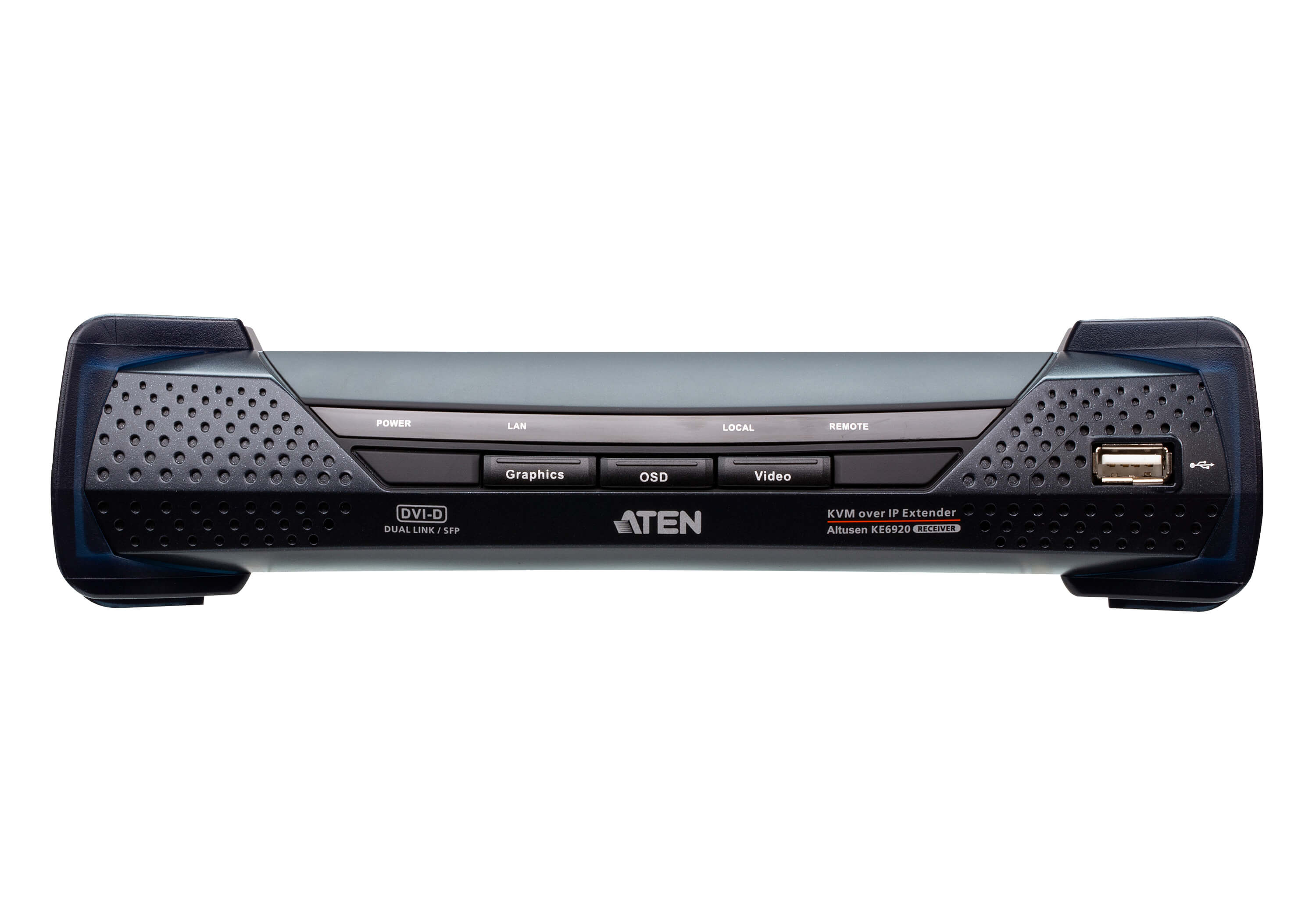 Удлинитель-передатчик ATEN KVM USB DVI-D+AUDIO+RS232, 100м, UTP/10км, SM точка-точка/неогранич, в пределах LAN, 1xUTP/2xОптич,волокна SFP(LC);GbE (TCP/IP;IGMP), DVI-D+4xUSB A-тип+2xMINI JACK+DB9,,, DC 5V, (макс,разр,2560х2048;резерв LAN) KE6920R-AX-G KE6920R-AX-G