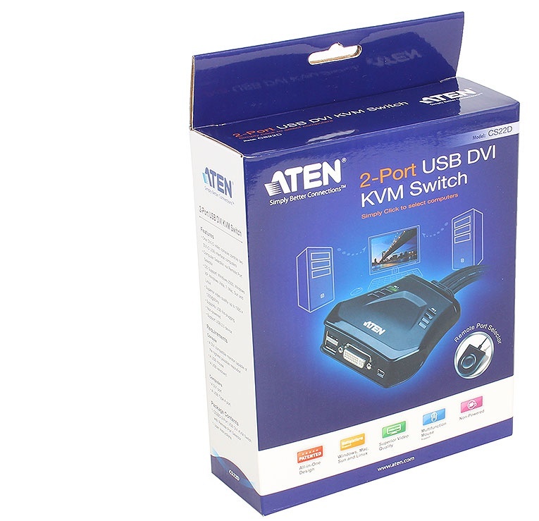 KVM переключатель ATEN DVI-D+KBD+MOUSE, 1> 2 блока/порта USB, со встр. KVM-шнурами USB 2x1.2м CS22D-A7 CS22D-A7