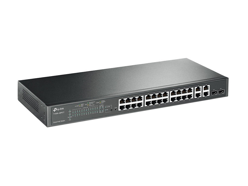 Коммутатор TP-Link Web-smart, 24*10/100, 4*10/100/1000 PoE+, 2 combo SFP, бюджет PoE до 180 Вт, 1U 19" стальной корпус T1500-28PCT T1500-28PCT