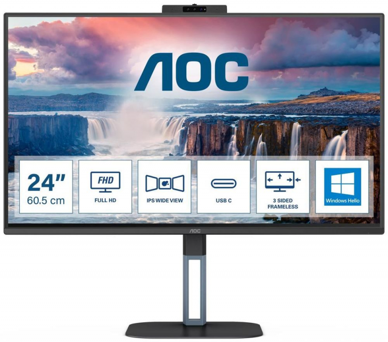Монитор AOC 23,8" 1920x1080 75Hz IPS LED 16:9 4(1)ms D-Sub DVI HDMI DP 4*USB3.2 USB-C (65W) 20M:1 1000:1 178/178 300cd Webcam HAS Pivot Tilt Swivel Speakers Black  24V5CW/BK 24V5CW/BK