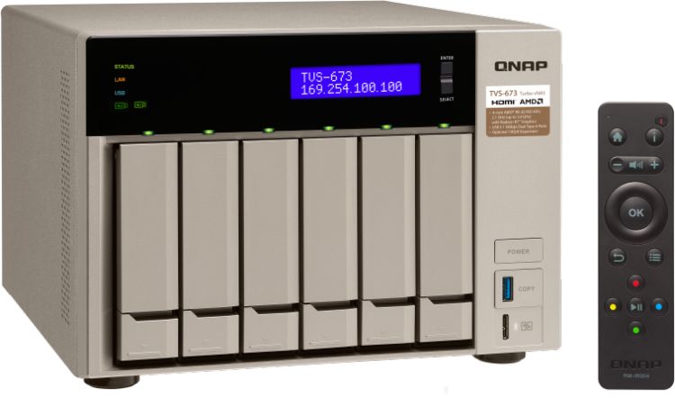 Сетевой RAID-накопитель QNAP 6 отсеков для HDD, 2 слота M.2 SSD, 2 HDMI-порта. AMD RX-421BD 2,1 ГГц (до 3,4 ГГц ), 8 ГБ DDR4 TVS-673-8G TVS-673-8G