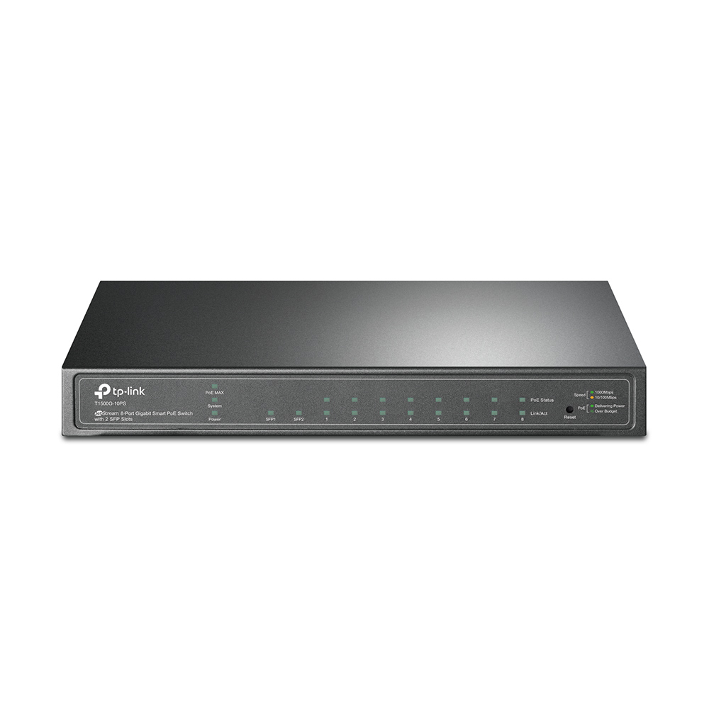 Коммутатор TP-Link настольный PoE Smart, 8*10/100/1000, 2 SFP, поддержка 802.3at/af, бюджет PoE до 53 Вт, сталь T1500G-10PS T1500G-10PS