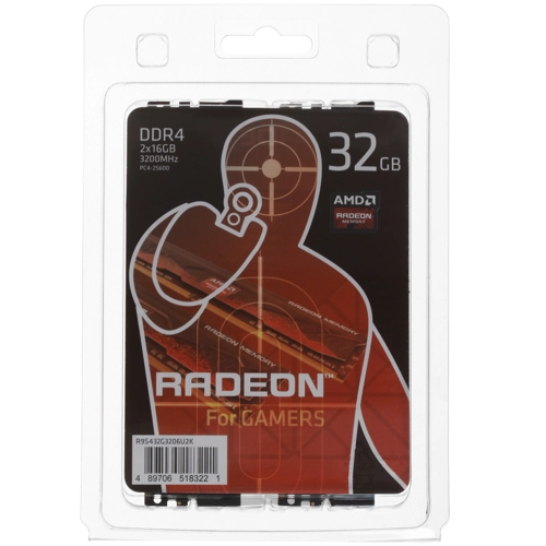 Модуль памяти AMD 32GB Radeon™ DDR4 3200 DIMM R9 Gamers Series Black Gaming Memory Non-ECC, CL16, 1.35V, Heat Shield, Kit (2x16GB), RTL (183221) R9S432G3206U2K R9S432G3206U2K