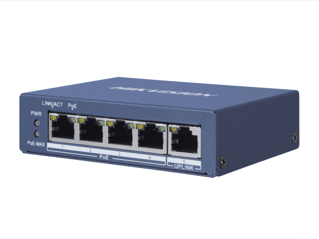 PoE коммутатор Hikvision DS-3E0505P-E неуправляемый 4 RJ45 1000M с грозозащитой 6кВ,1 Uplink порт 1000М Ethernet; 802.3af/at; бюджет PoE 60Вт; DS-3E0505P-E DS-3E0505P-E