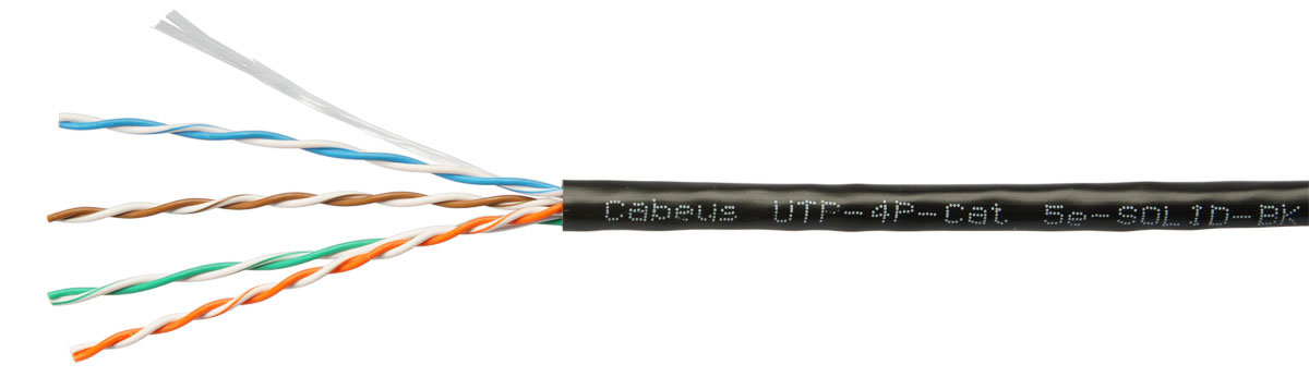 Кабель витая пара Cabeus UTP (U/UTP), категория 5e, 4 пары (24 AWG), одножильный, черный (305 м)  UTP-4P-Cat.5e-SOLID-BK UTP-4P-Cat.5e-SOLID-BK