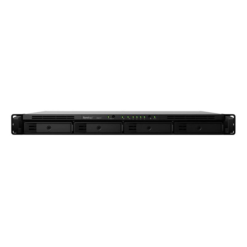СХД Synology RS819 (Rack1U) QC1,4 GhzCPU/2Gb/RAID0,1,10,5,6/up to 4hot plug HDDs SATA(3,5' or 2,5')(up to 8 with RX418)/2xUSB/1eSATA/2Gi RS819 RS819