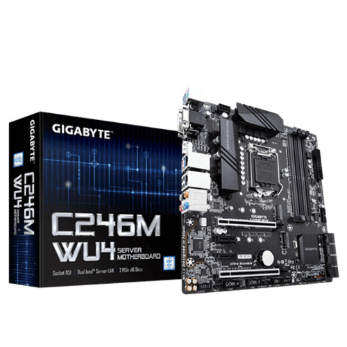 Материнская плата Gigabyte , Socket 1151, Intel®C246, 4xDDR4-2666, D-SUB+DVI-D+DP, 2xPCI-Ex16, 2xPCI-Ex1, 8xSATA3(RAID 0,1,5,10), 2xM.2, 8 Ch Audio, 2xGLan, (0+4)xUSB2.0, (6+2)xUSB3.1, 1xPS/2, mATX, RTL {6/10} C246M-WU4 C246M-WU4
