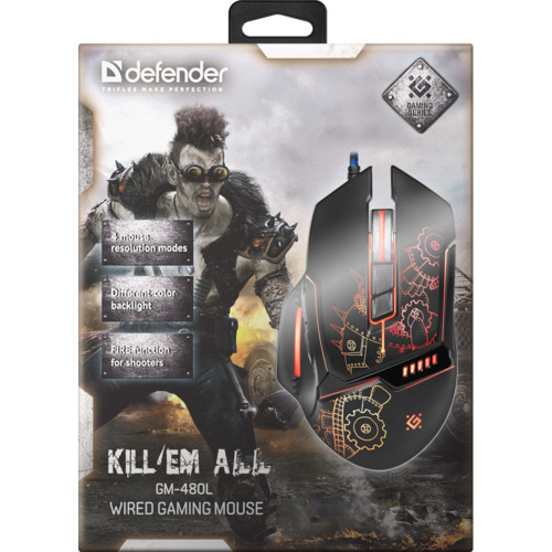 Мышь Defender проводная игровая  Kill'em All GM-480L оптика,8кнопок,3200dpi 52480 52480