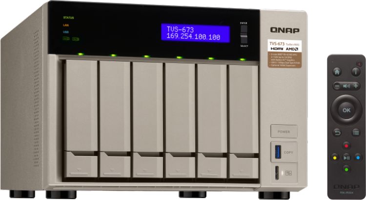 Сетевой RAID-накопитель QNAP 6 отсеков для HDD, 2 слота M.2 SSD, 2 HDMI-порта. AMD RX-421BD 2,1 ГГц (до 3,4 ГГц ), 16 ГБ DDR4 TVS-673-16G TVS-673-16G