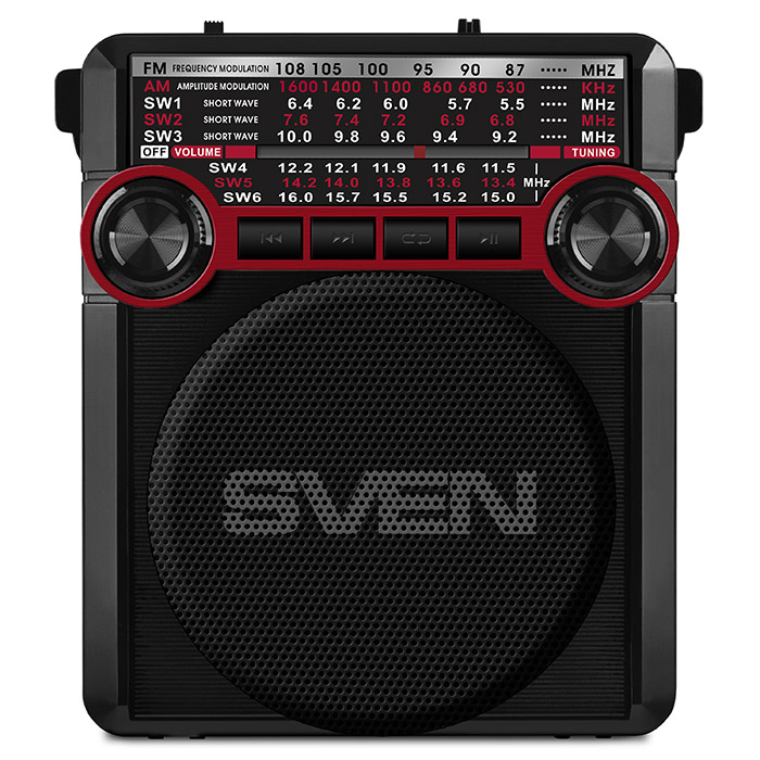 Портативная колонка Sven АС SRP-355, красный (3 Вт, FM/AM/SW, USB, SD/microSD, фонарь, встроенный аккумулятор) SV-017132 SV-017132