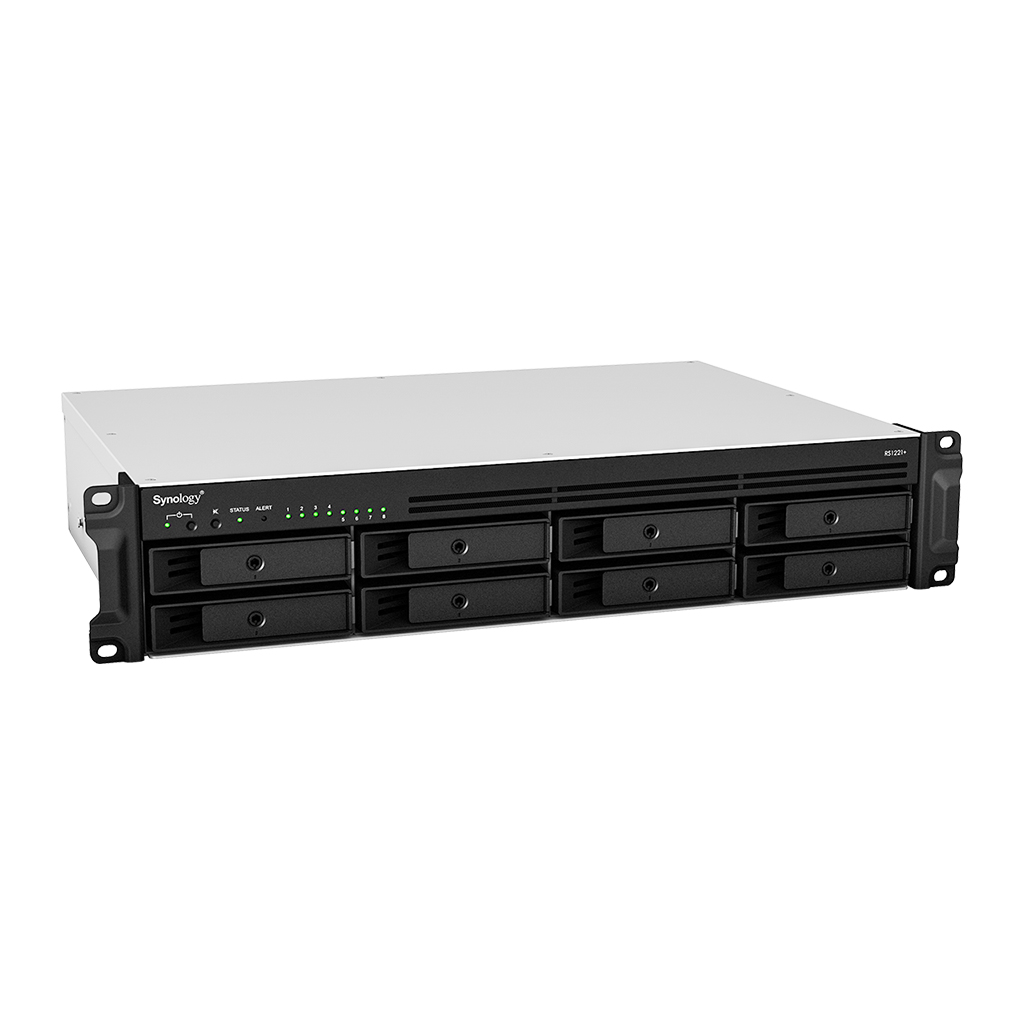 Система хранения данных Synology Rack 2U, QC2.2GHzCPU/4GbDDR4(upto32)/RAID0,1,5,6,10/upto 8 hot plug HDDs SATA(3,5'or2,5')(upto 12 with RX418)/2xUSB3.2/1eSATA/iSCSI/4xGbE(+1Expslot)/2xIPcam(upto 40)/norail repl RS1219+ RS1221+ RS1221+