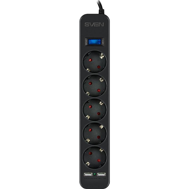 Сетевой фильтр Sven SF-05LU 3 м 5 евро розеток,2*USB(2,4А) черный SV-018849 SV-018849