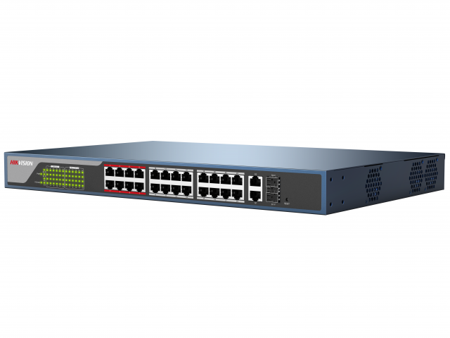 PoE коммутатор Hikvision DS-3E1326P-E 24 RJ45 100M с грозозащитой 4кВ, 1-8 порты с высоким приоритетом; 2 RJ45 1000M PoE; 2 1000М SFP порта DS-3E1326P-E DS-3E1326P-E