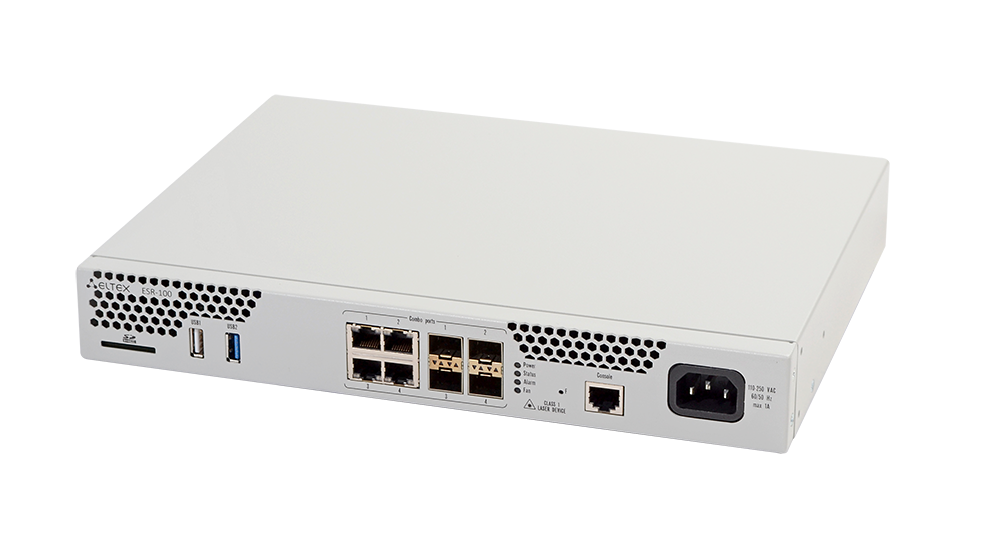 Маршрутизатор Eltex  ESR-100, 4x Combo 10/100/1000BASE-T/1000BASE-X SFP, 1x USB 2.0, 1x USB3.0, 1 слот для SD-карт, 4Gb RAM, 1Gb Flash, 220V AC ESR-10 ESR-100