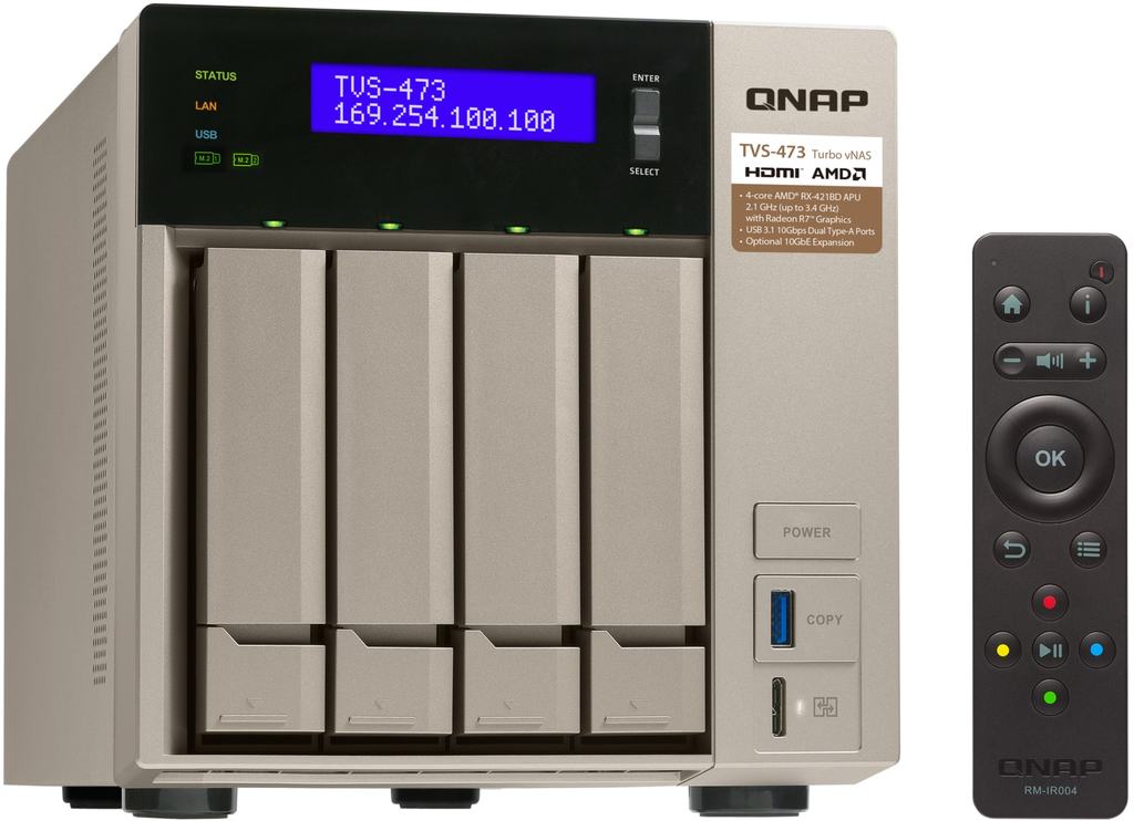 Сетевой RAID-накопитель QNAP 4 отсека для HDD, 2 слота M.2 SSD, 2 HDMI-порта. AMD RX-421BD 2,1 ГГц (до 3,4 ГГц ), 8 ГБ DDR4. TVS-473-8G TVS-473-8G