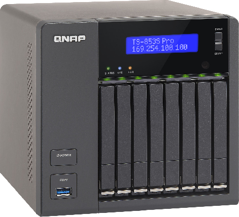 Сетевой RAID-накопитель QNAP 8 отсеков для HDD 2,5", HDMI-порт. Четырехъядерный Intel Celeron J1900 2,0 ГГц, 4ГБ. TS-853S Pro TS-853S Pro